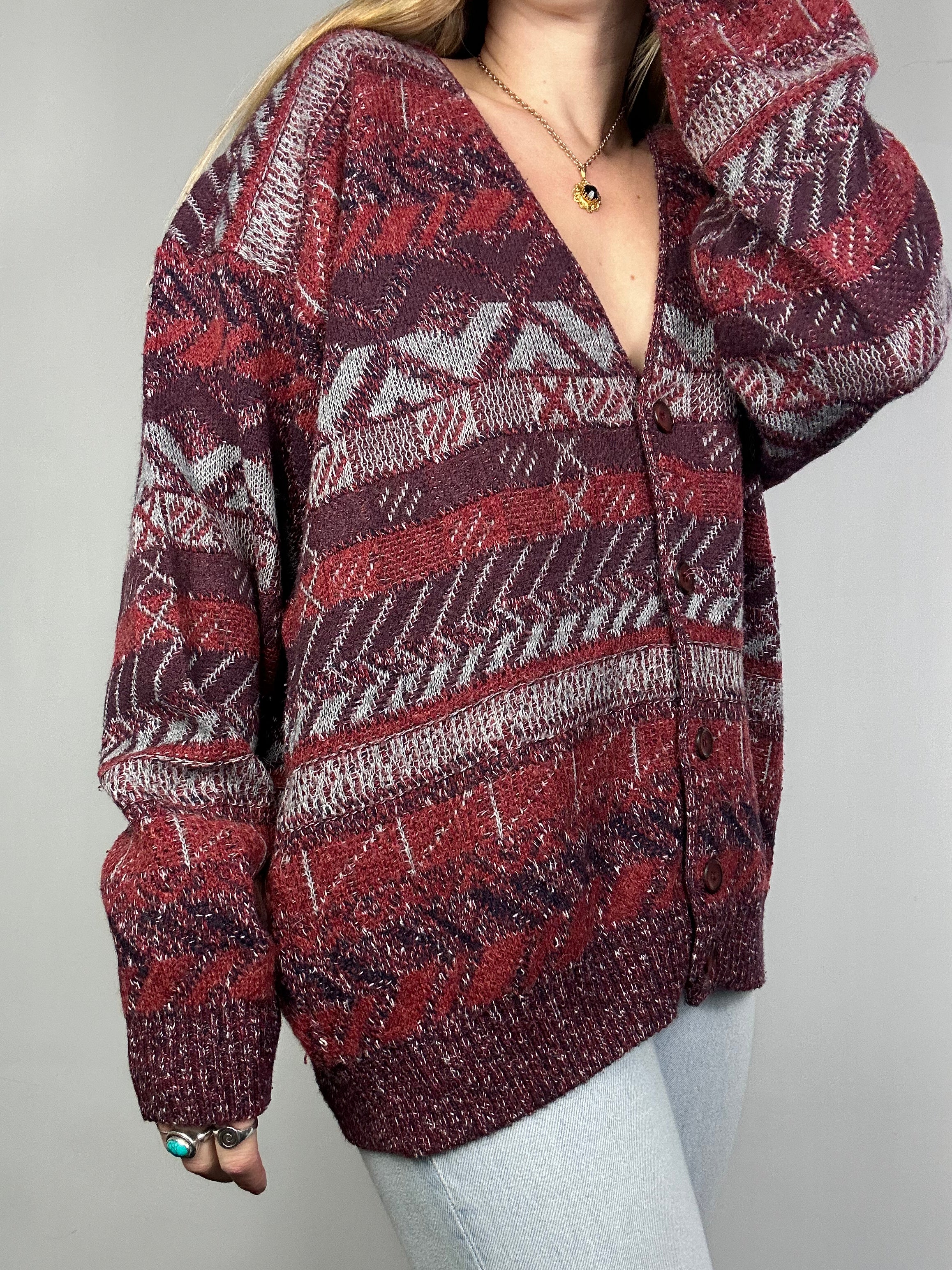 Red 80's Knit Cardigan Size L