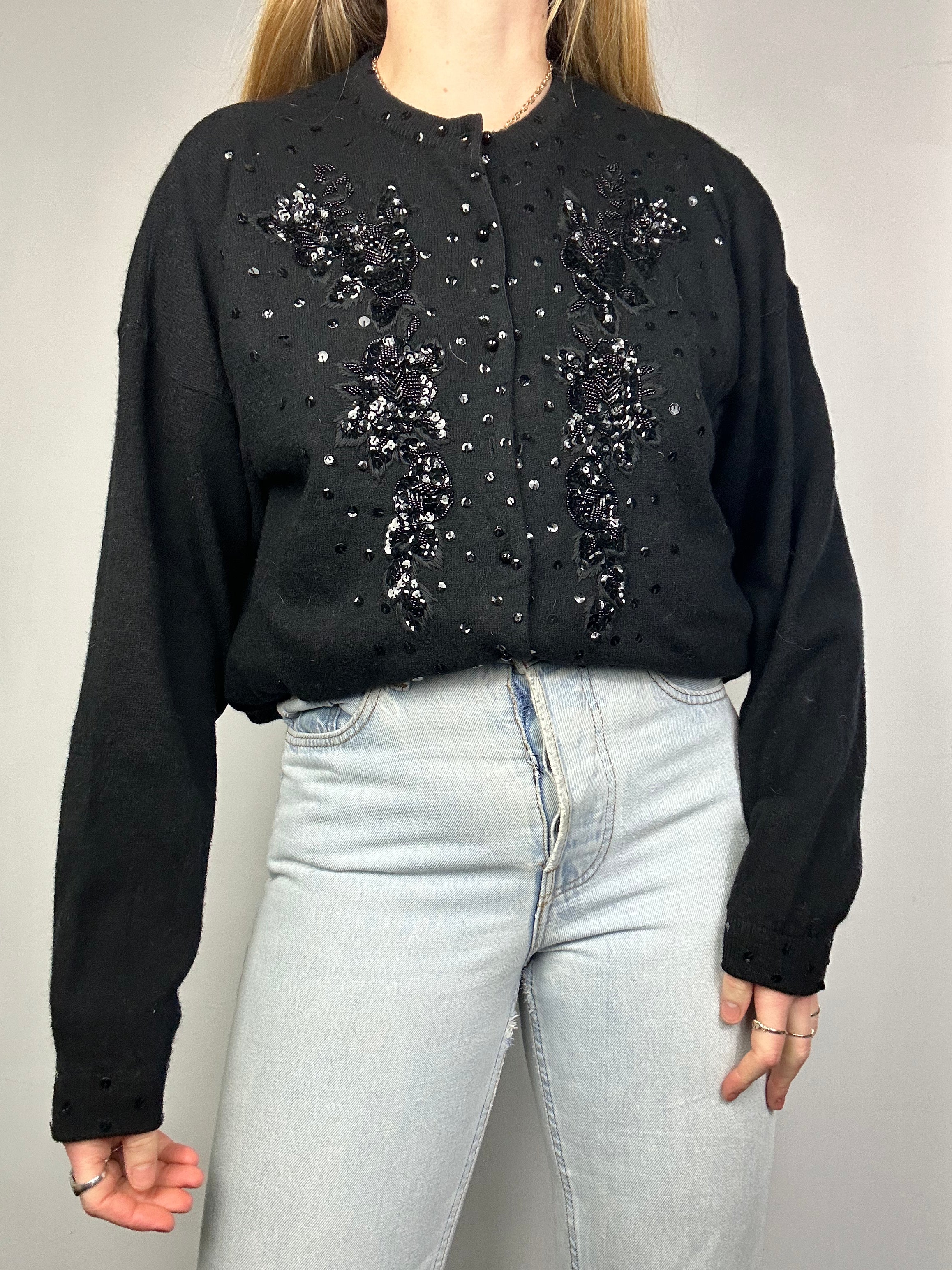 Black Sequin Cardigan lined 80's Size 10