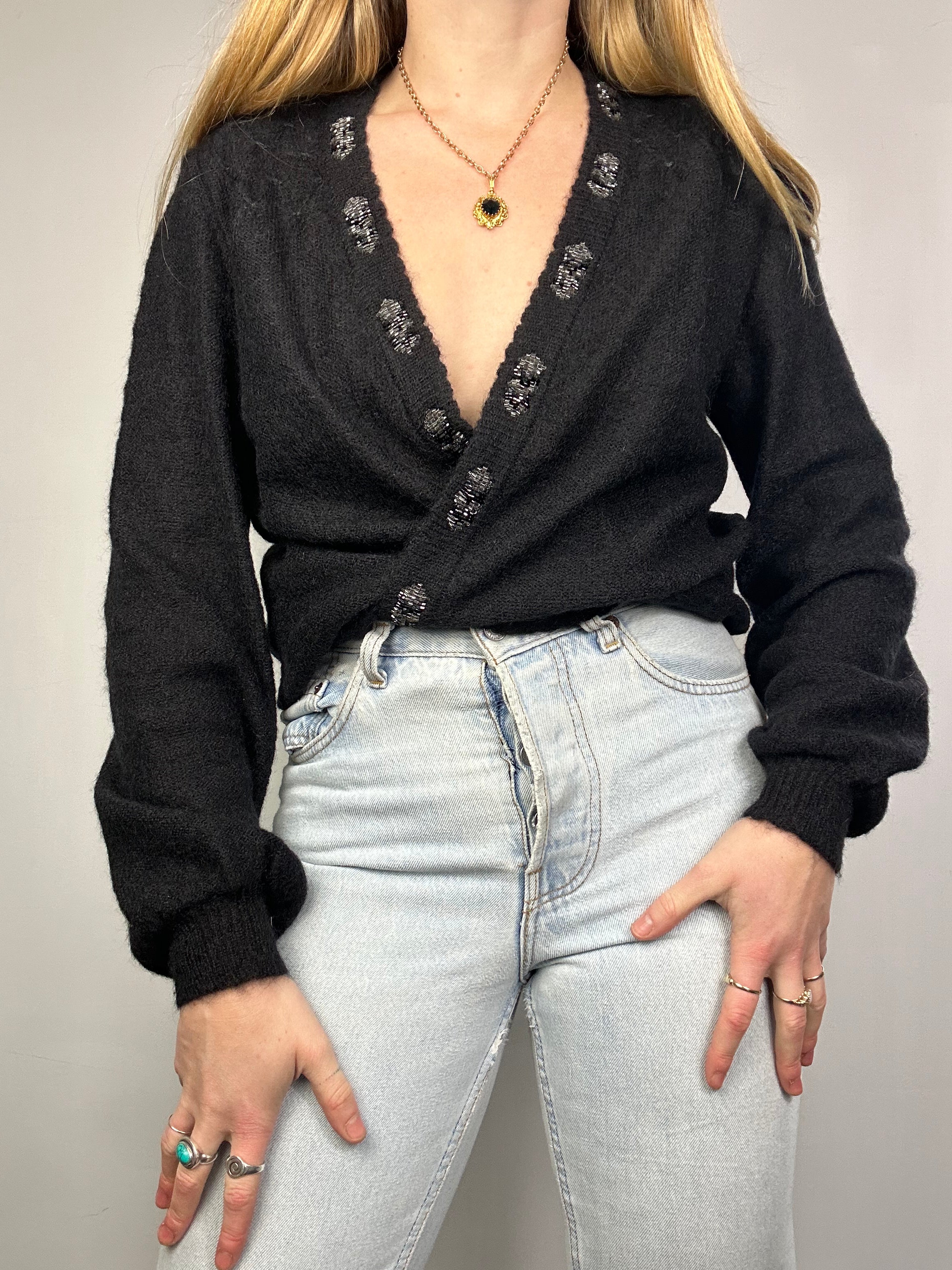 80's Mo hair black Sequin Cardigan Size 10/12
