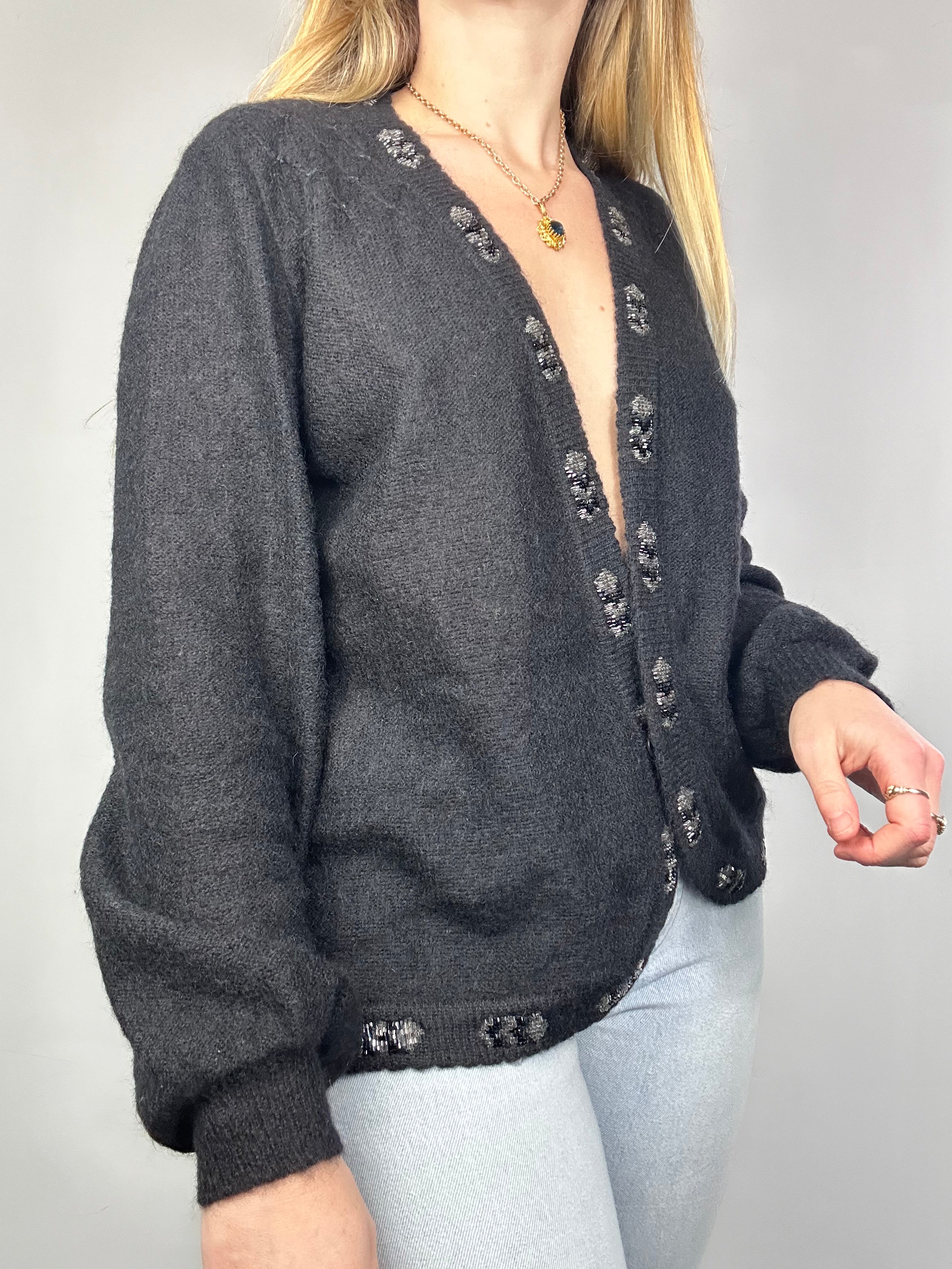 80's Mo hair black Sequin Cardigan Size 10/12