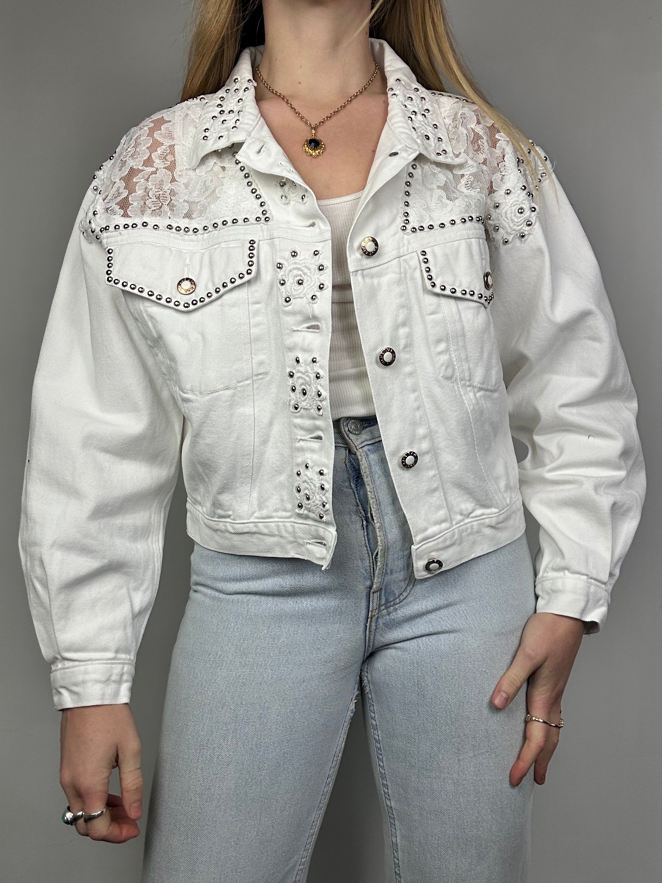 White 80's Lace Denim Studded Jacket Size 10