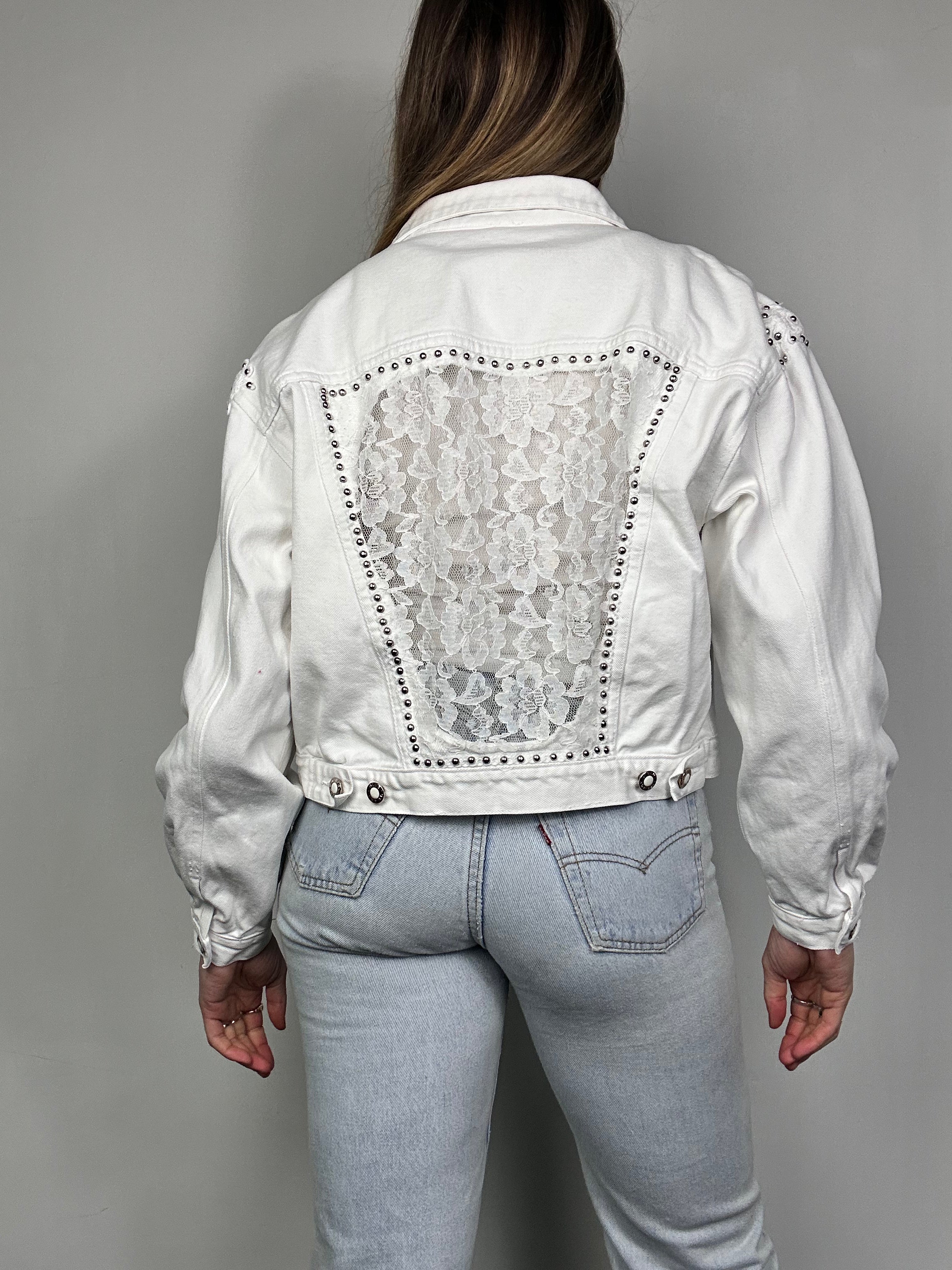 White 80's Lace Denim Studded Jacket Size 10