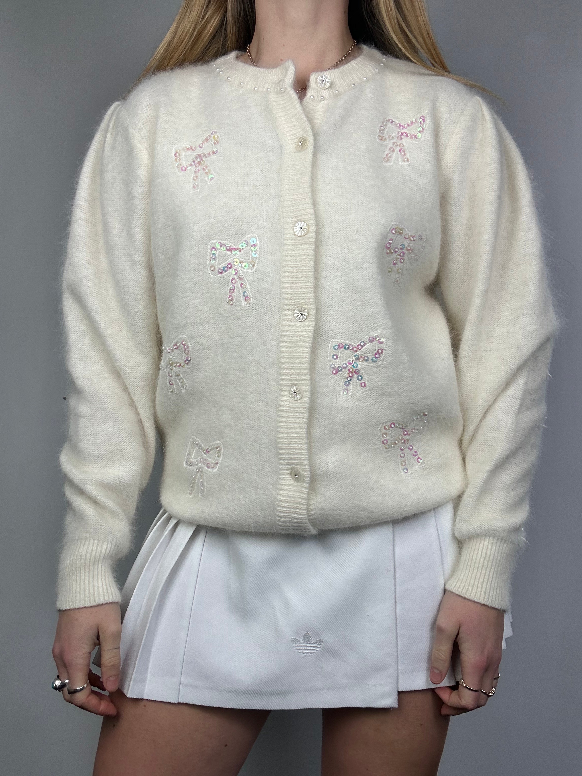 Cream Sequin Lined 80's Bow Cardigan Size 10/12