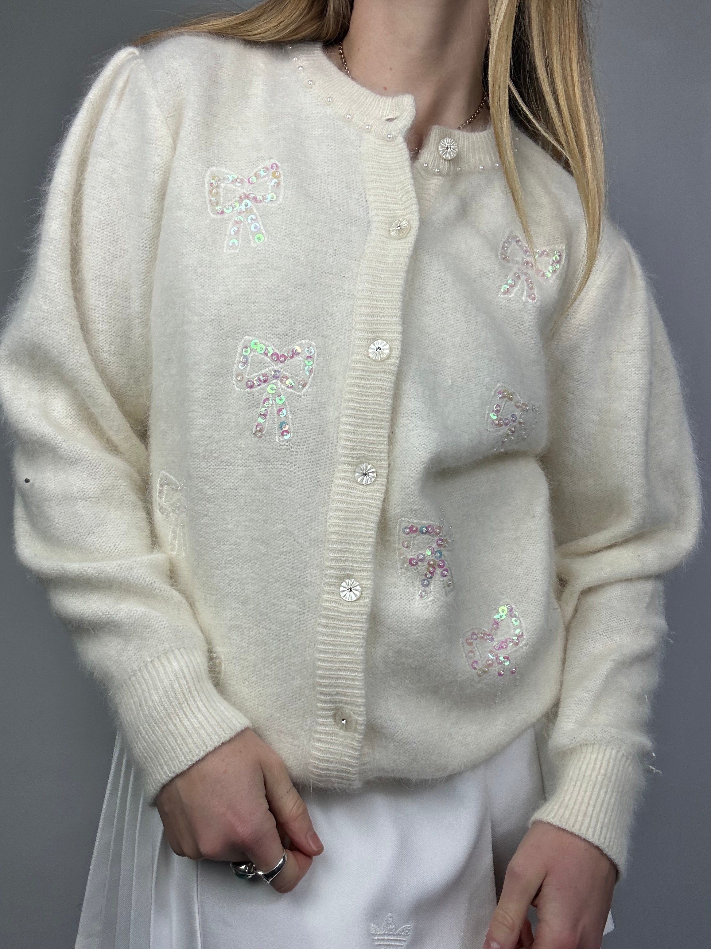 Cream Sequin Lined 80's Bow Cardigan Size 10/12