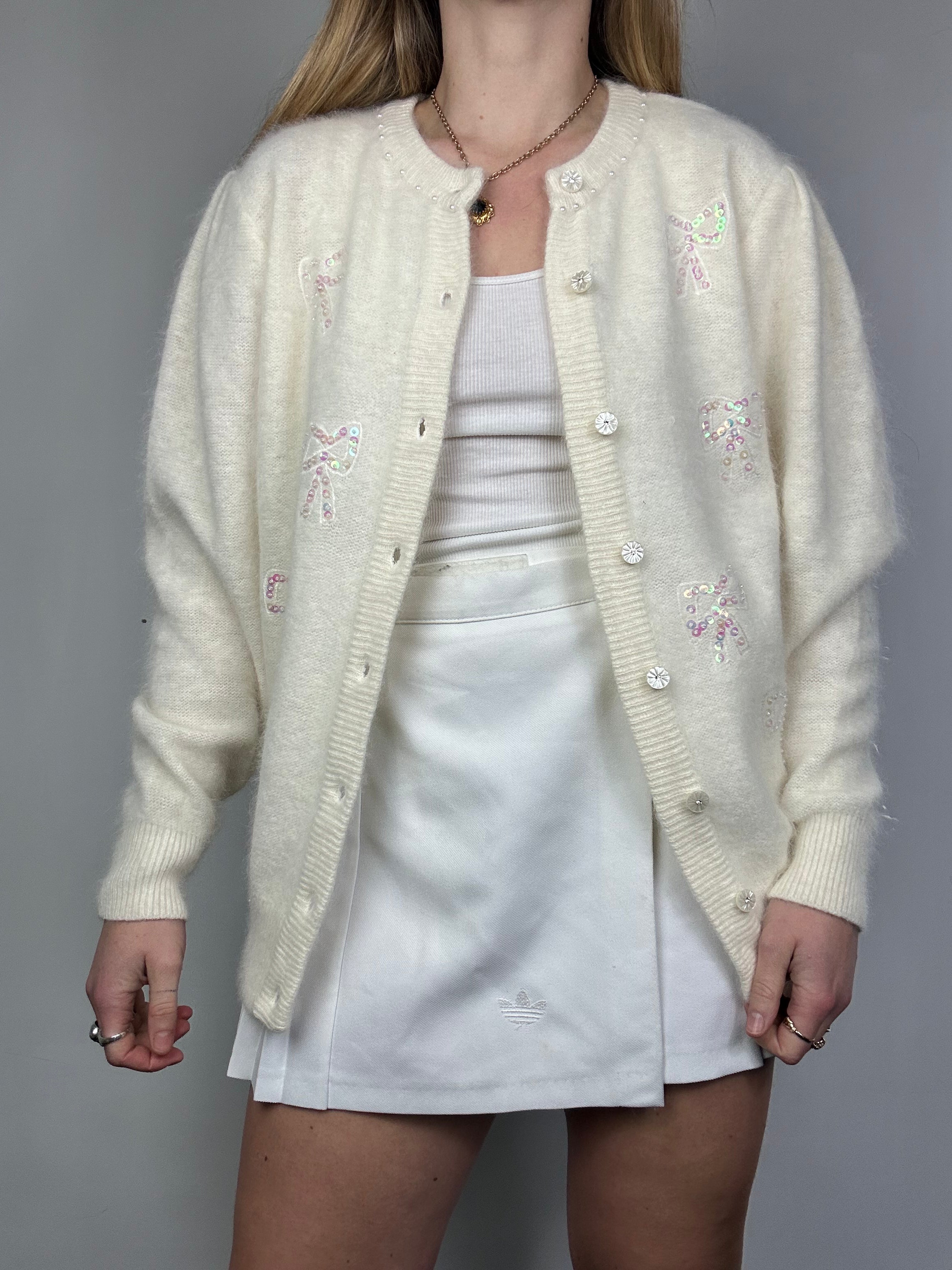 Cream Sequin Lined 80's Bow Cardigan Size 10/12
