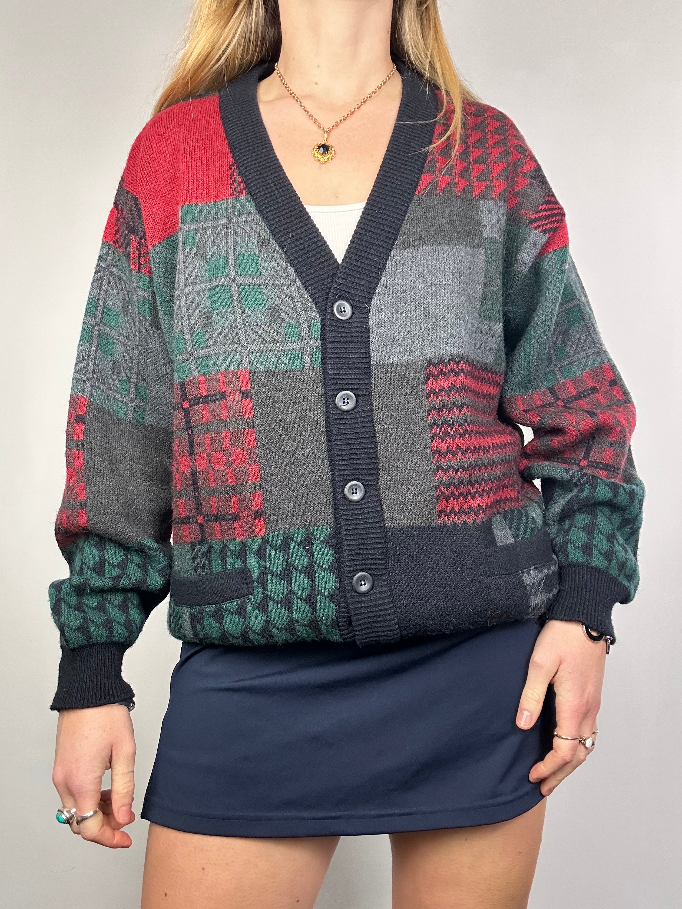 Tartan red 90's Knit Cardigan Size S/M