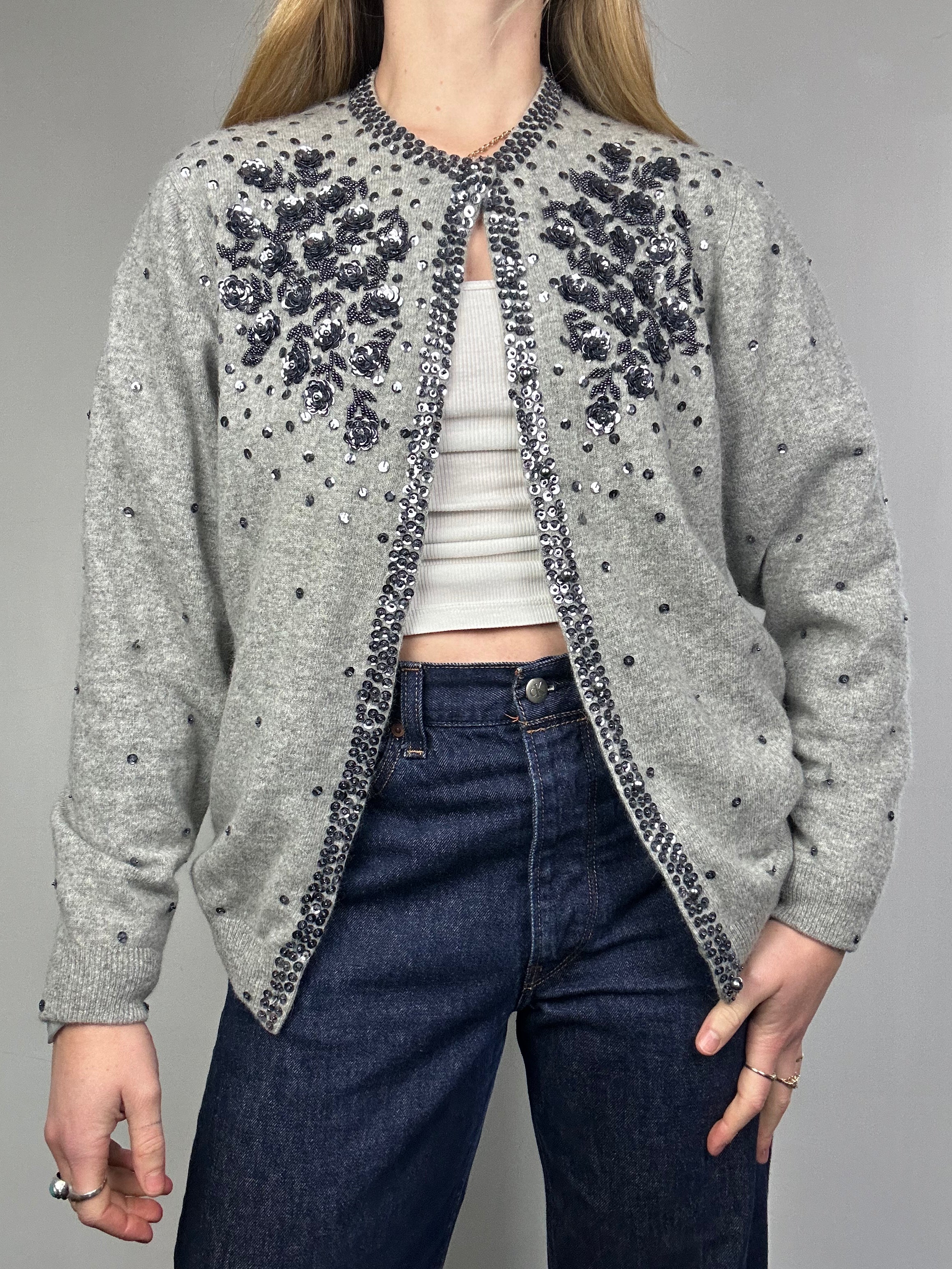 Grey 80's Lined Sequin Cardigan Size 10