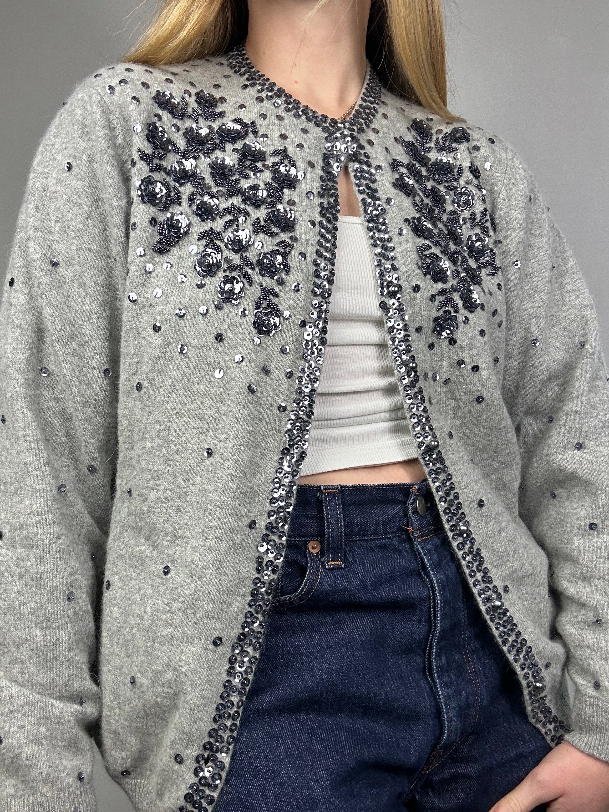 Grey 80's Lined Sequin Cardigan Size 10