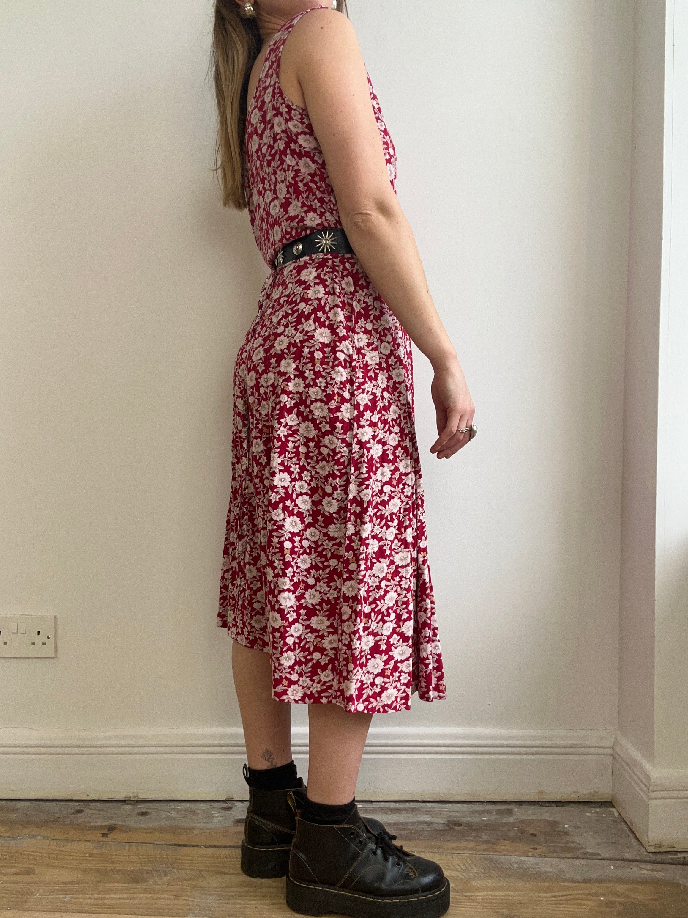 Red Floral Midi Dress Size 10