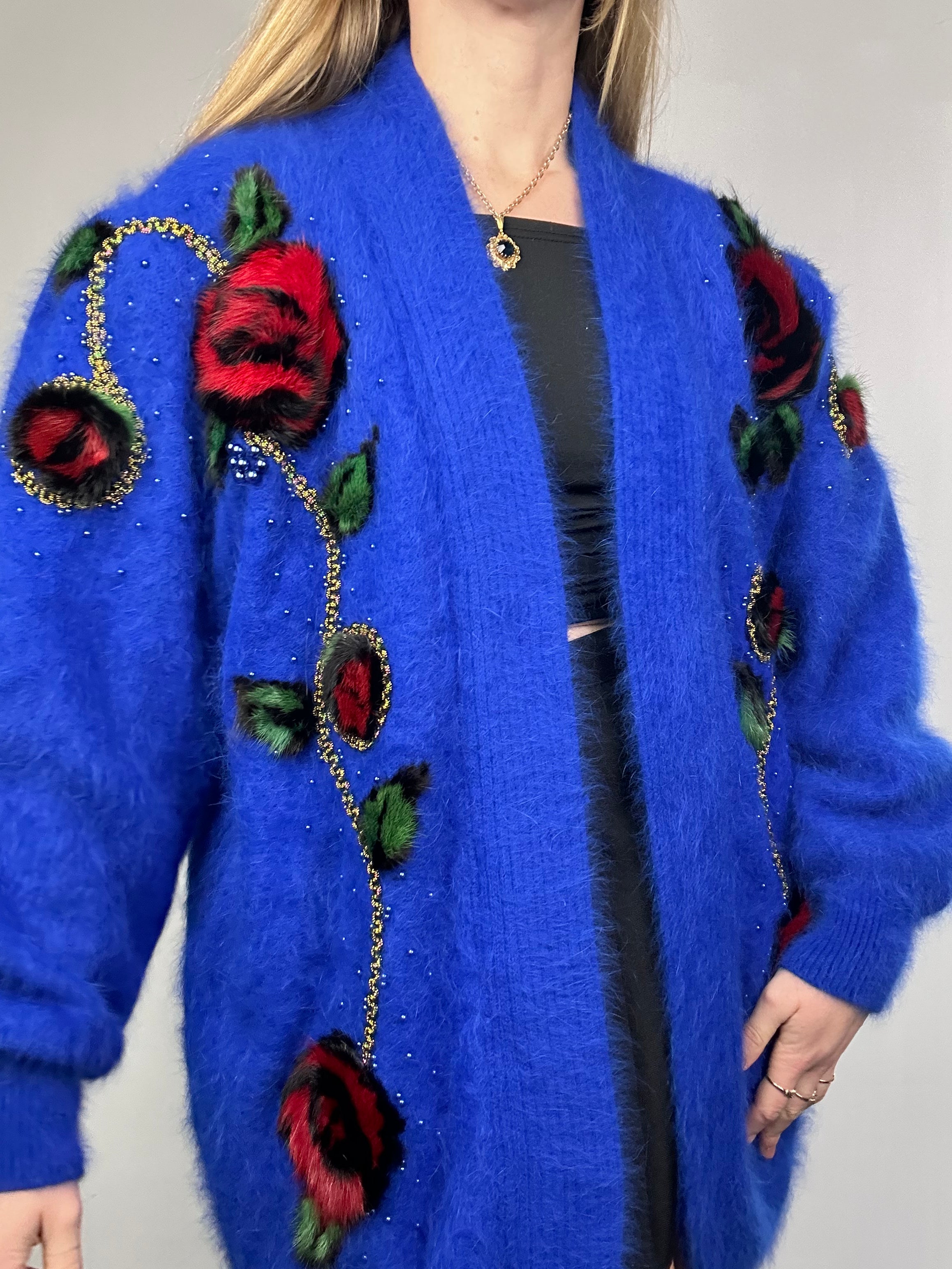 Blue Fluffy Rose 80's Cardigan Size 14