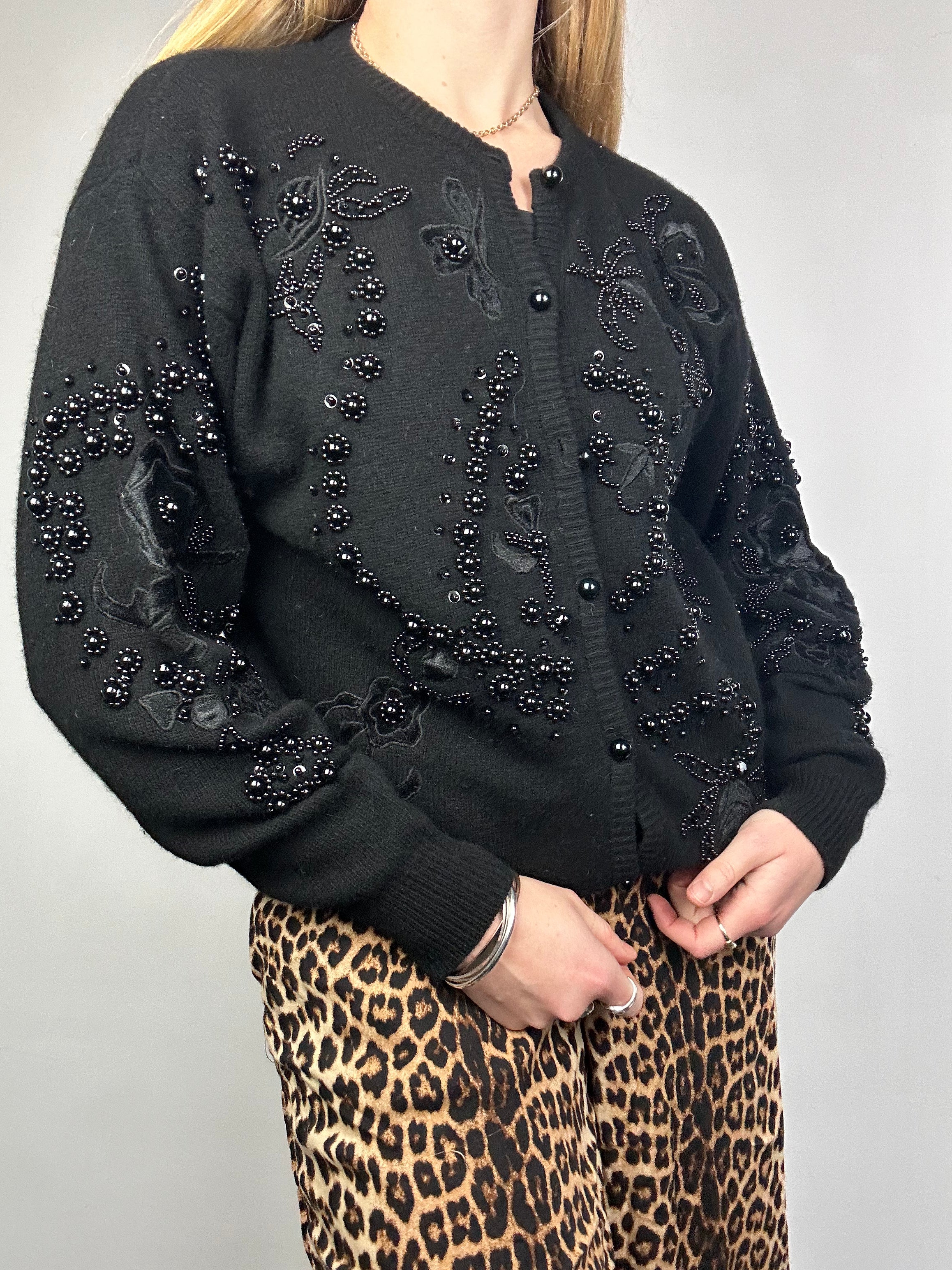 Black Knitted Sequin 80's Cardigan Size 10