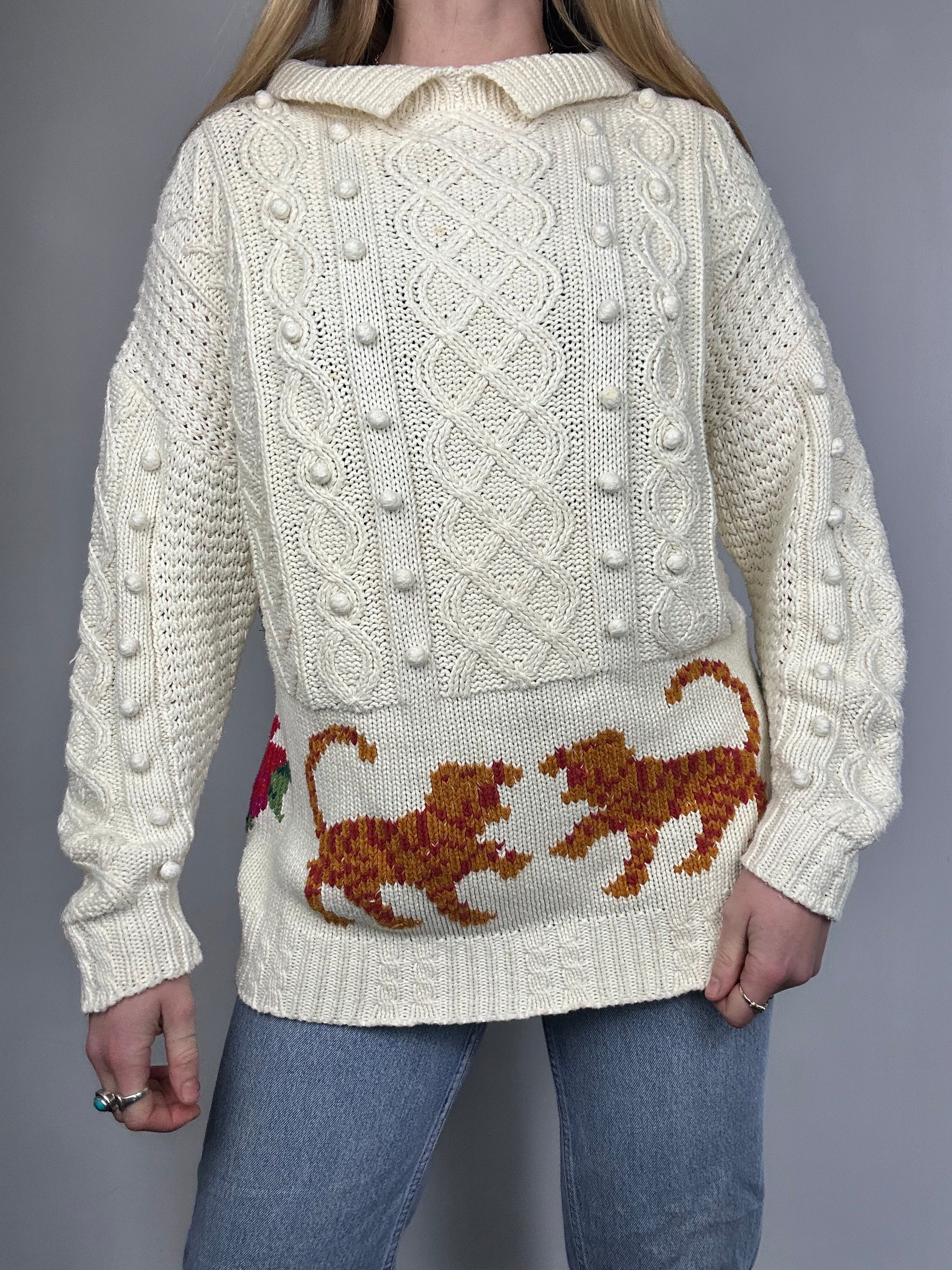 Cream 80's Tiger Knit Sweater Size M
