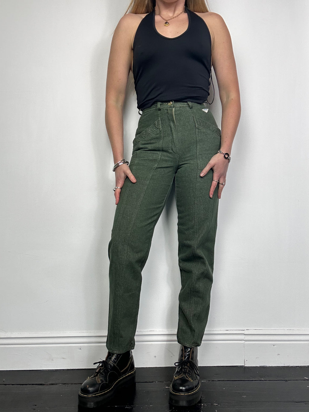 Green High Waisted Denim Jeans Size26” waist