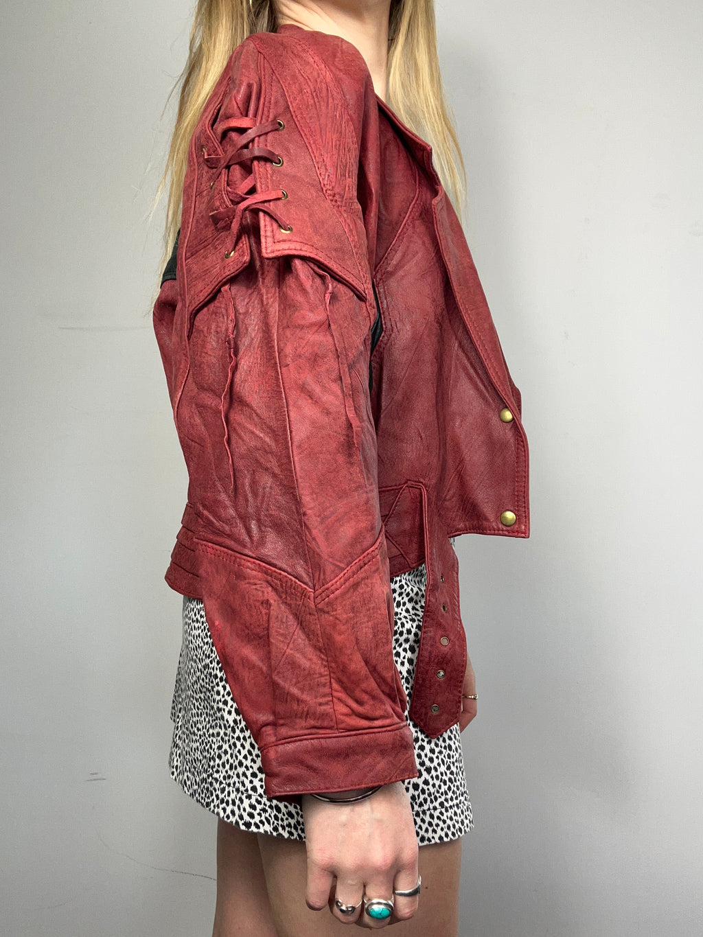 Red Cropped 80's Leather Jacket Size 10