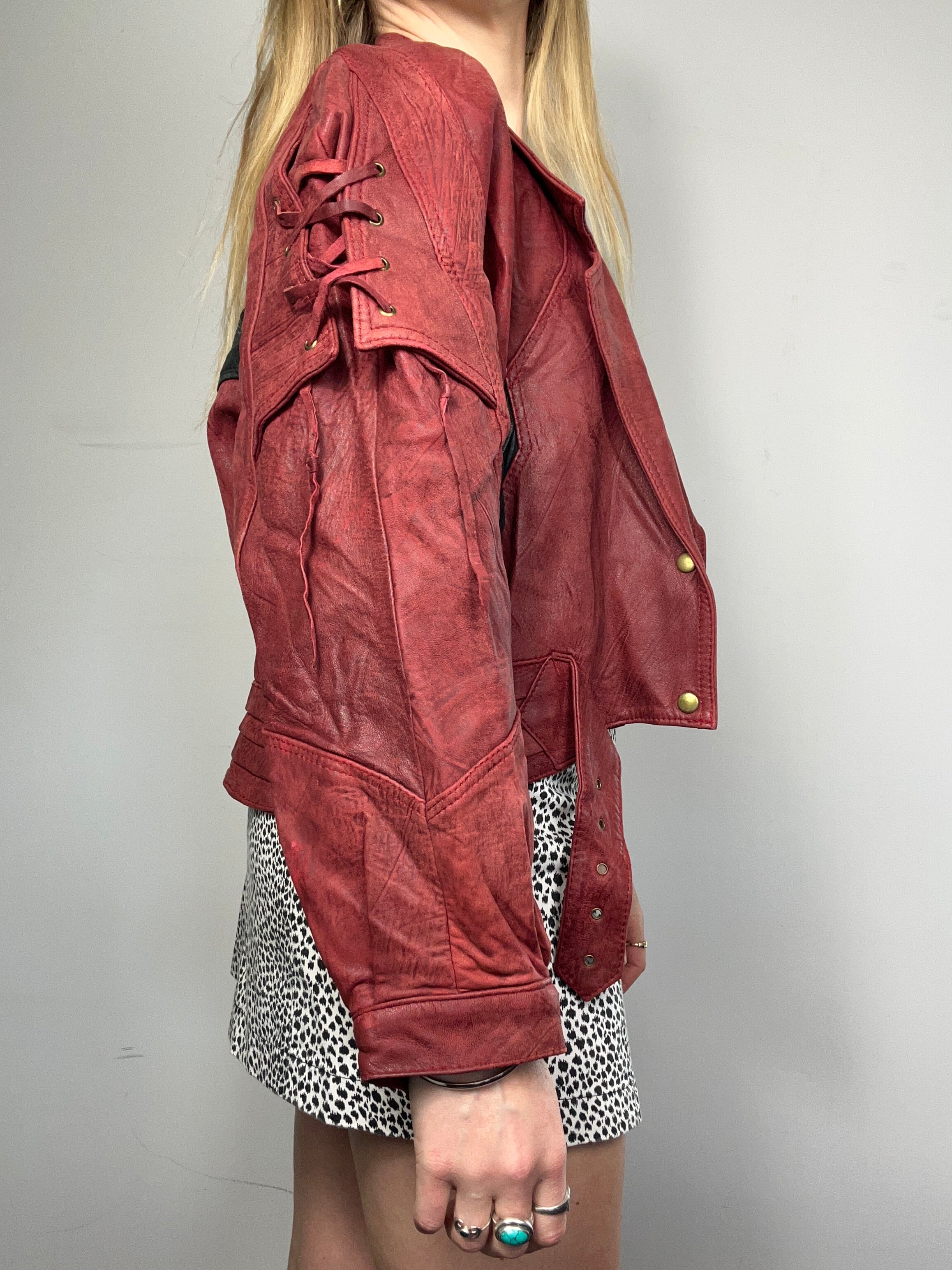 Red Cropped 80's Leather Jacket Size 10