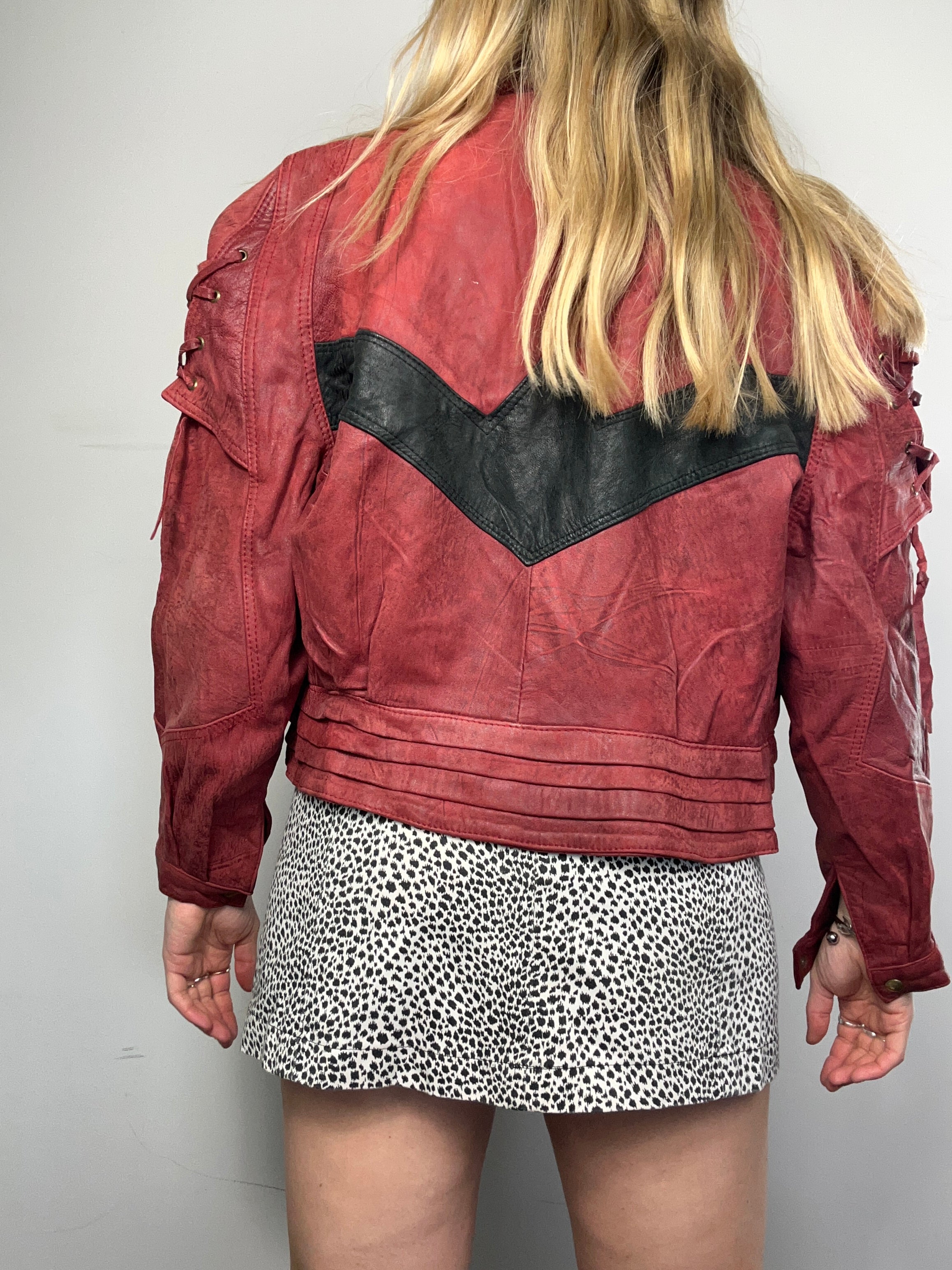 Red Cropped 80's Leather Jacket Size 10