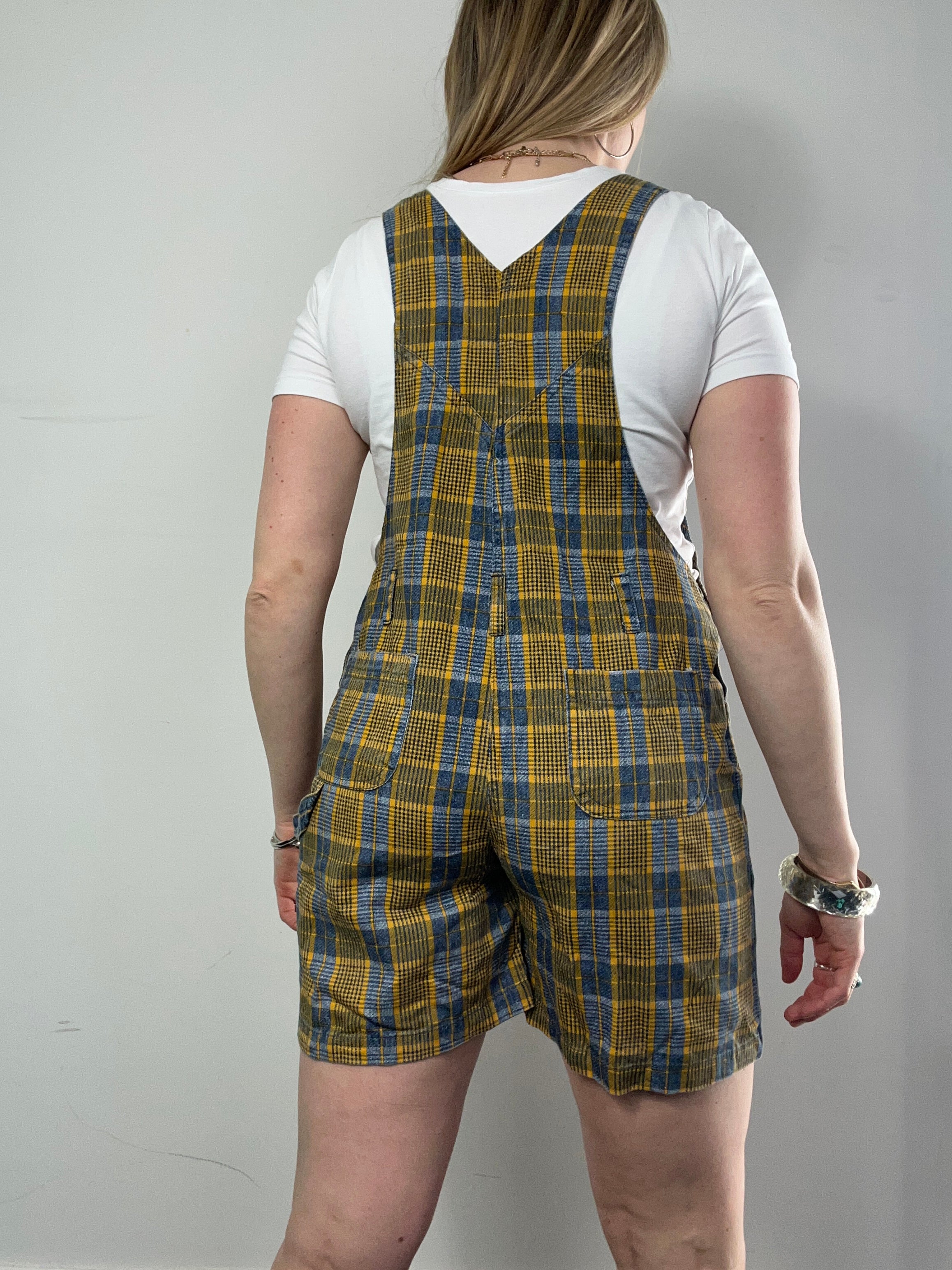 Yellow Tartan Dungaree Shorts Size 10