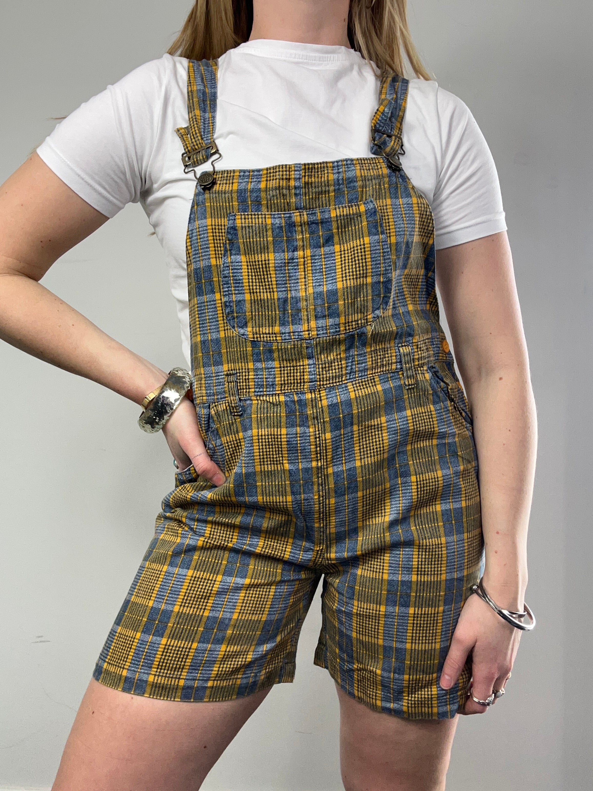 Yellow Tartan Dungaree Shorts Size 10
