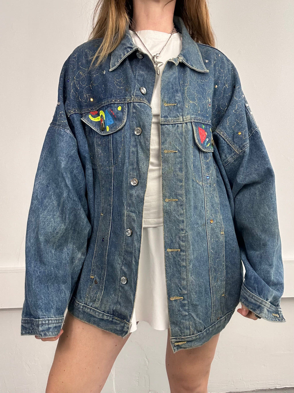 80's Embellished Painted Denim Jacket size Xl