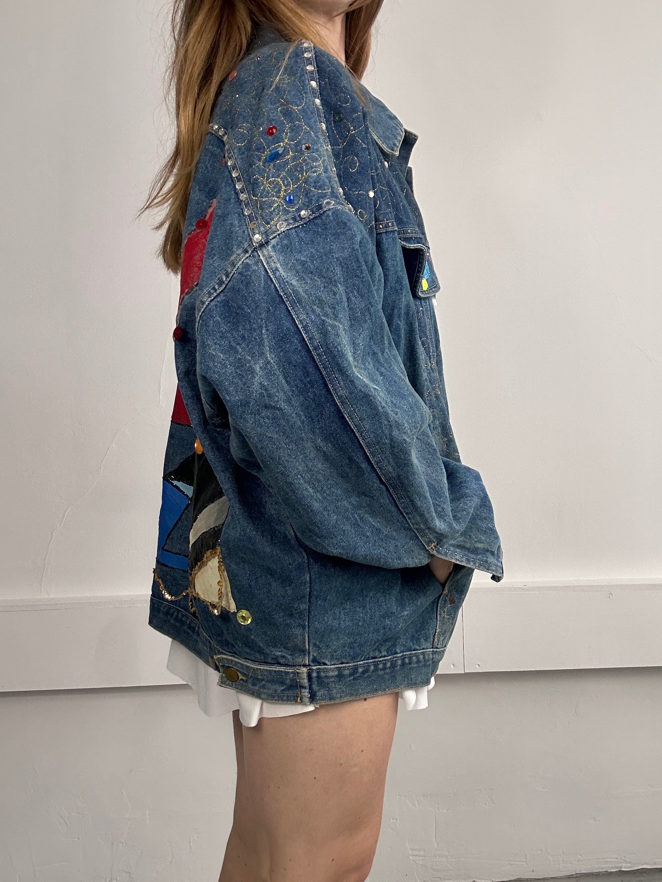 80's Embellished Painted Denim Jacket size Xl