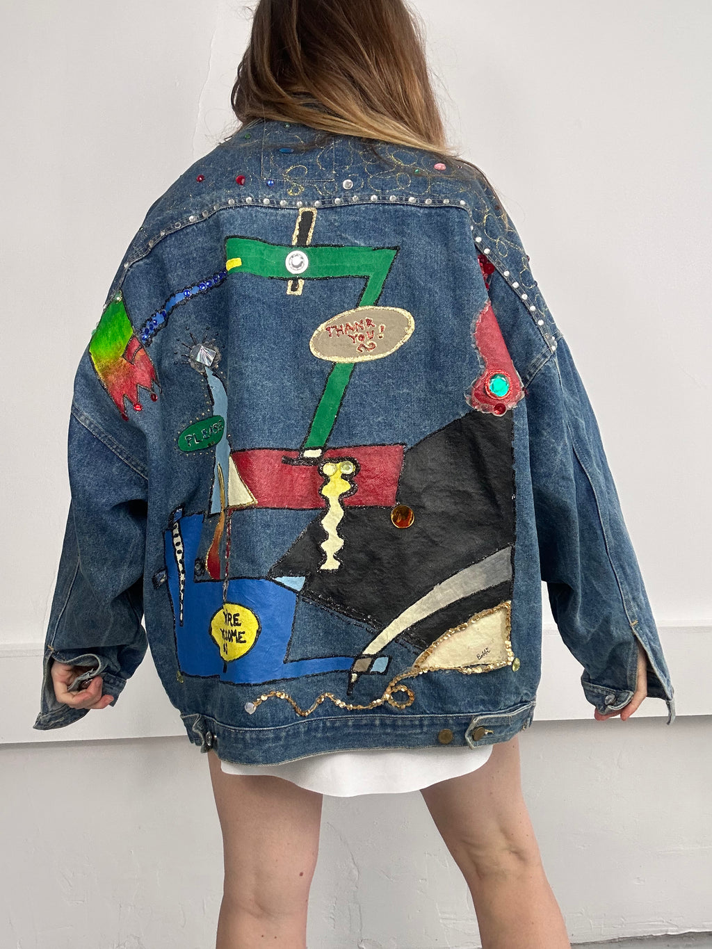 80's Embellished Painted Denim Jacket size Xl